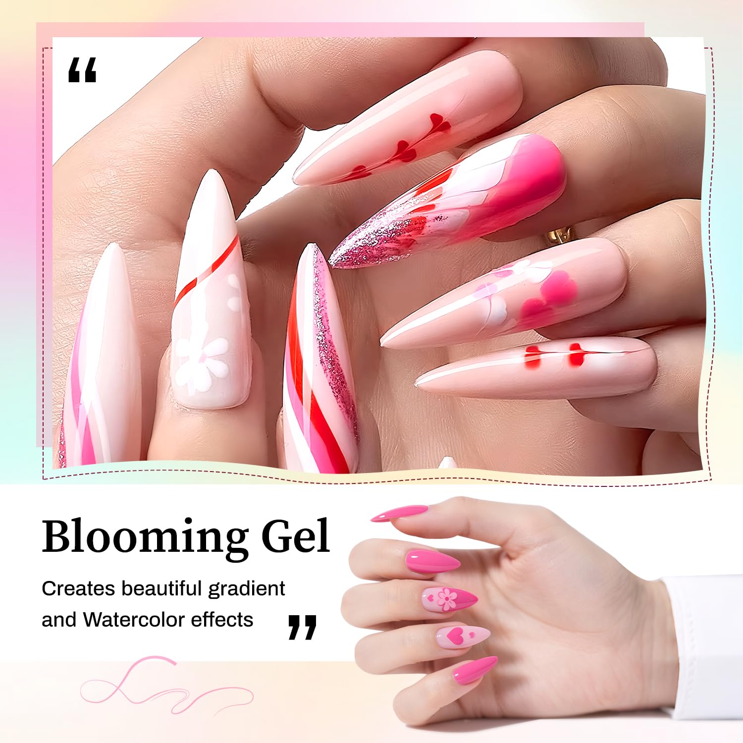 A visual demonstration of the clear spreading effect achieved on fingernails using the JODSONE watercolor gel polish system.