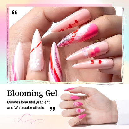 A visual demonstration of the clear spreading effect achieved on fingernails using the JODSONE watercolor gel polish system.