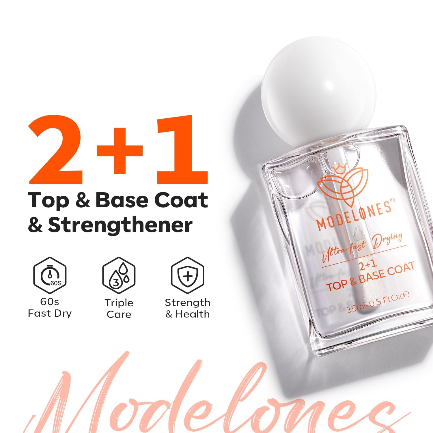 Modelones multiuse clear lacquer showing the specialized wide application brush extended from the bottle neck.