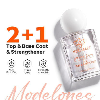 Modelones multiuse clear lacquer showing the specialized wide application brush extended from the bottle neck.