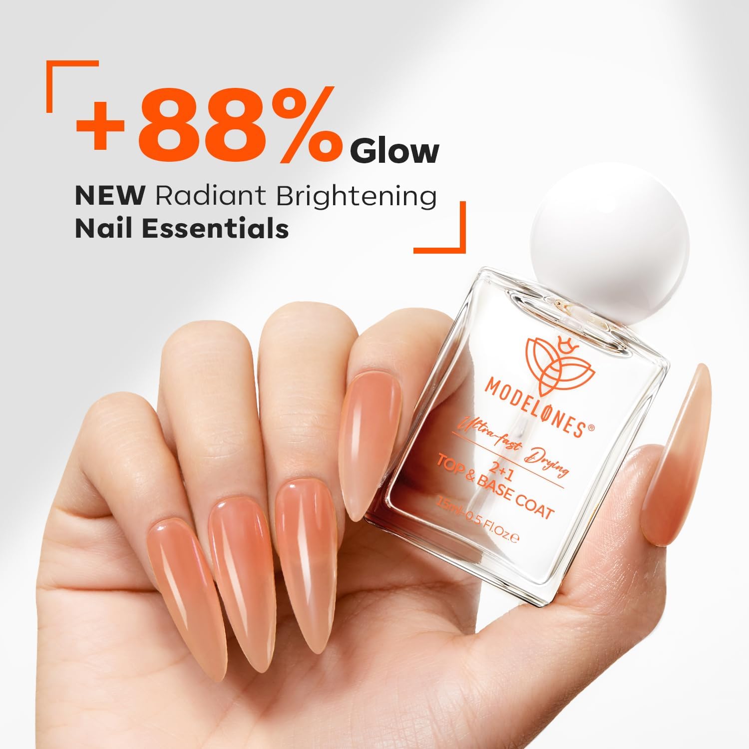 Modelones nail strengthener clear liquid treatment bottle highlighting the durable glass packaging.