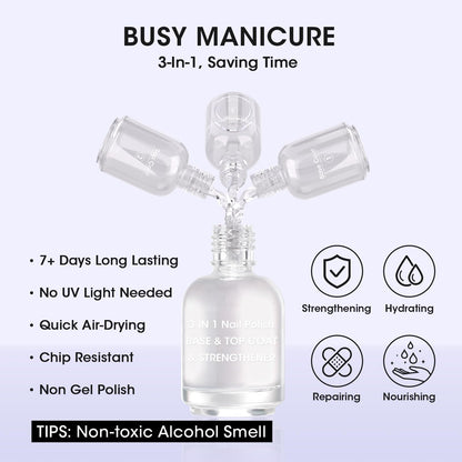 Clear multi-use base and top coat bottle showcasing the non-toxic ingredients list.