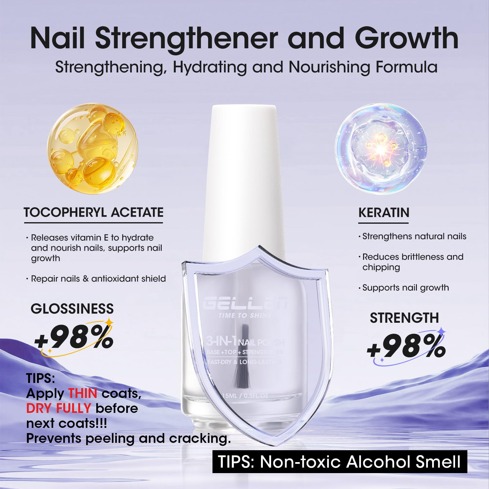 Gellen nail strengthener brush applicator applying a clear glossy coat to a natural finger nail.