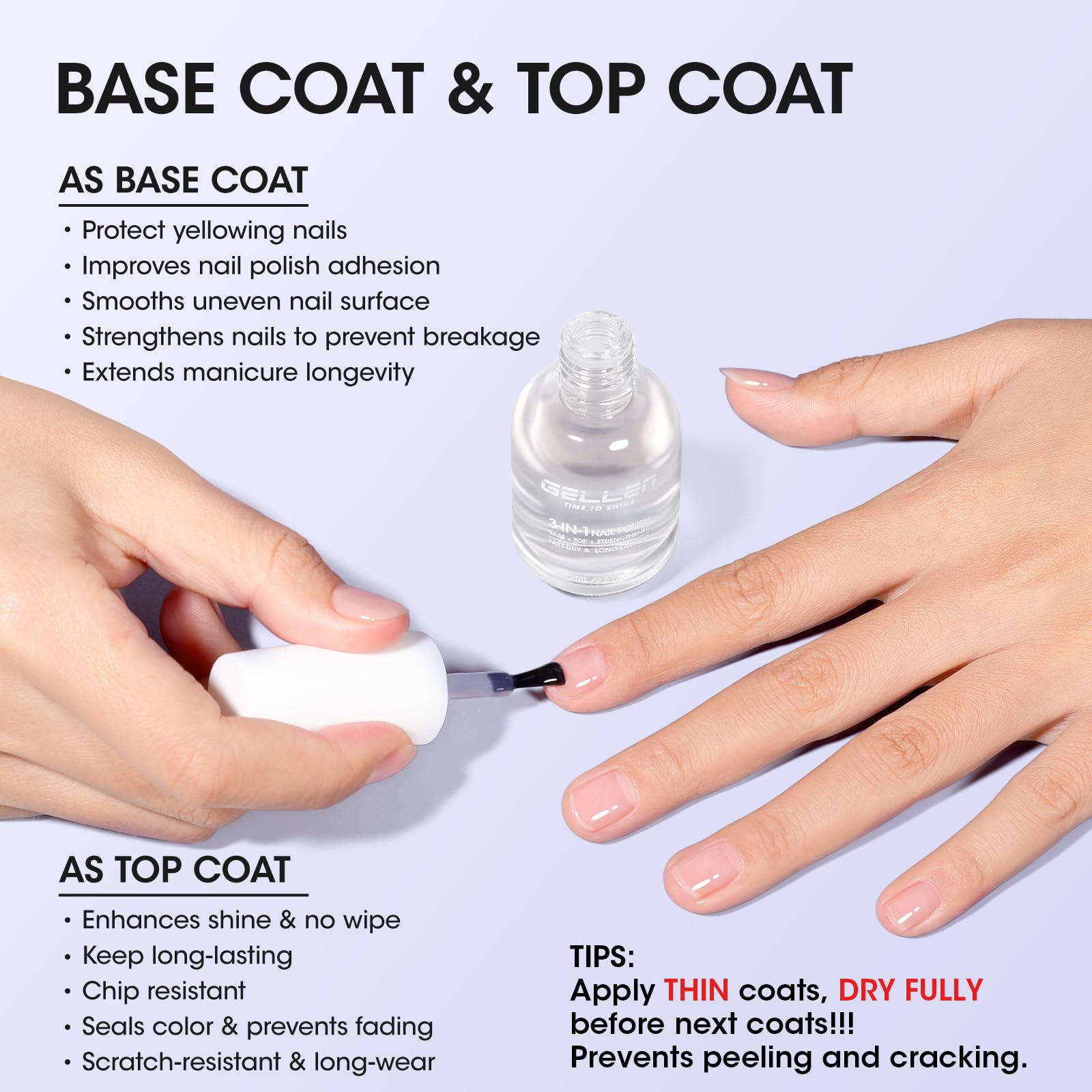 Authentic USA imported clear nail lacquer bottle displaying the breathable formula text.