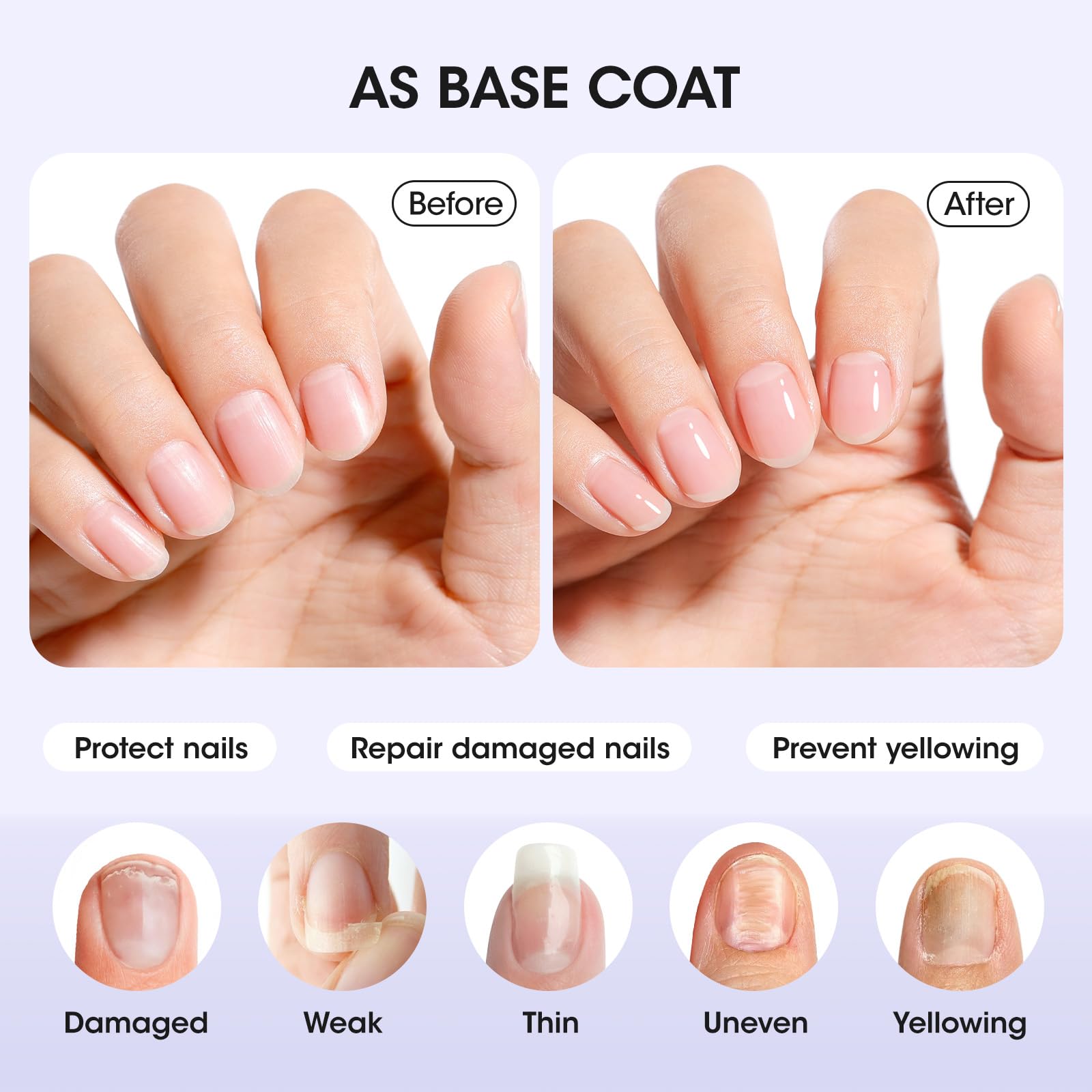 Before and after comparison of damaged dry yellow nails treated with this clear keratin treatment.