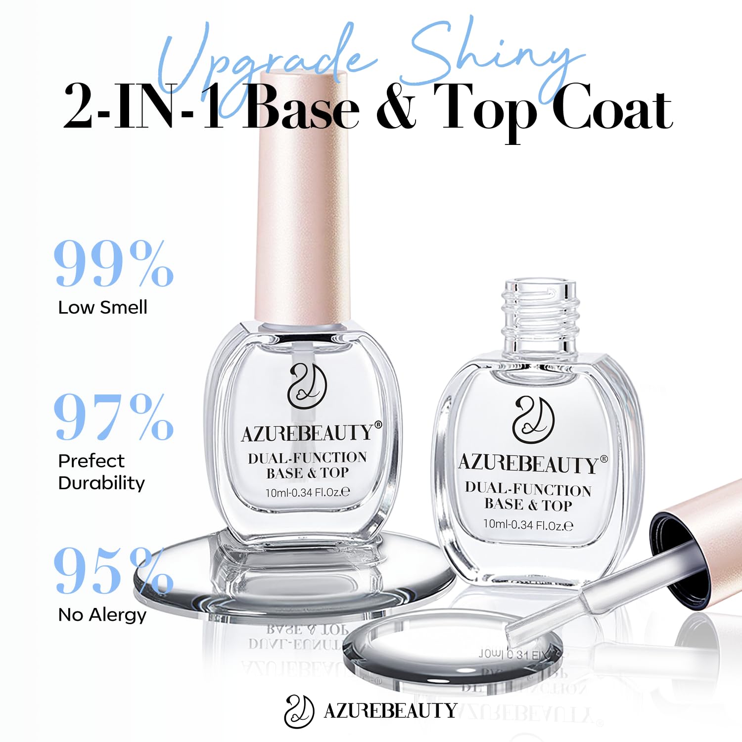 AZUREBEAUTY clear protective nail lacquer bottles demonstrating the glossy shine finish.