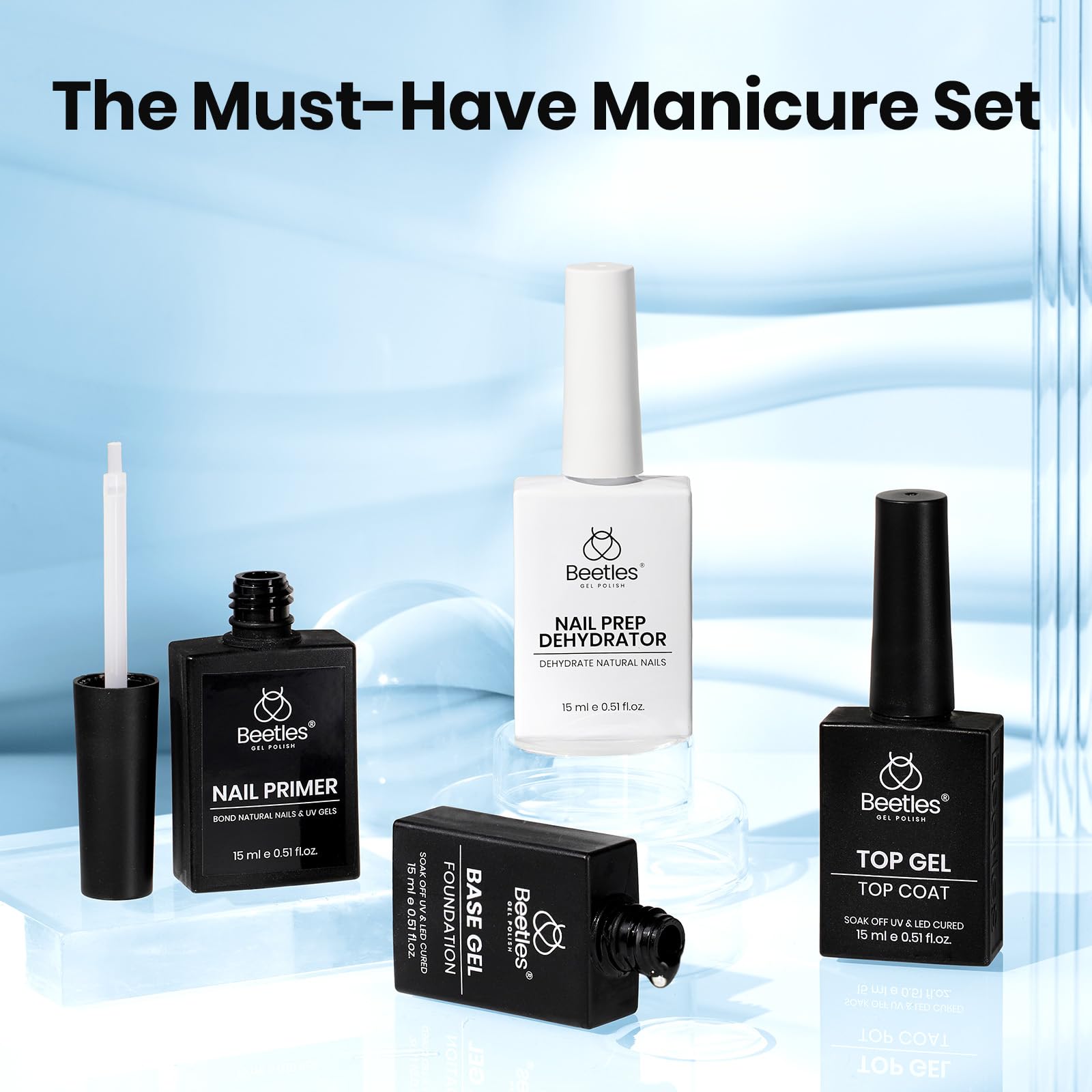 Beetles professional nail dehydrator and primer fluid bottles for gel manicure preparation
