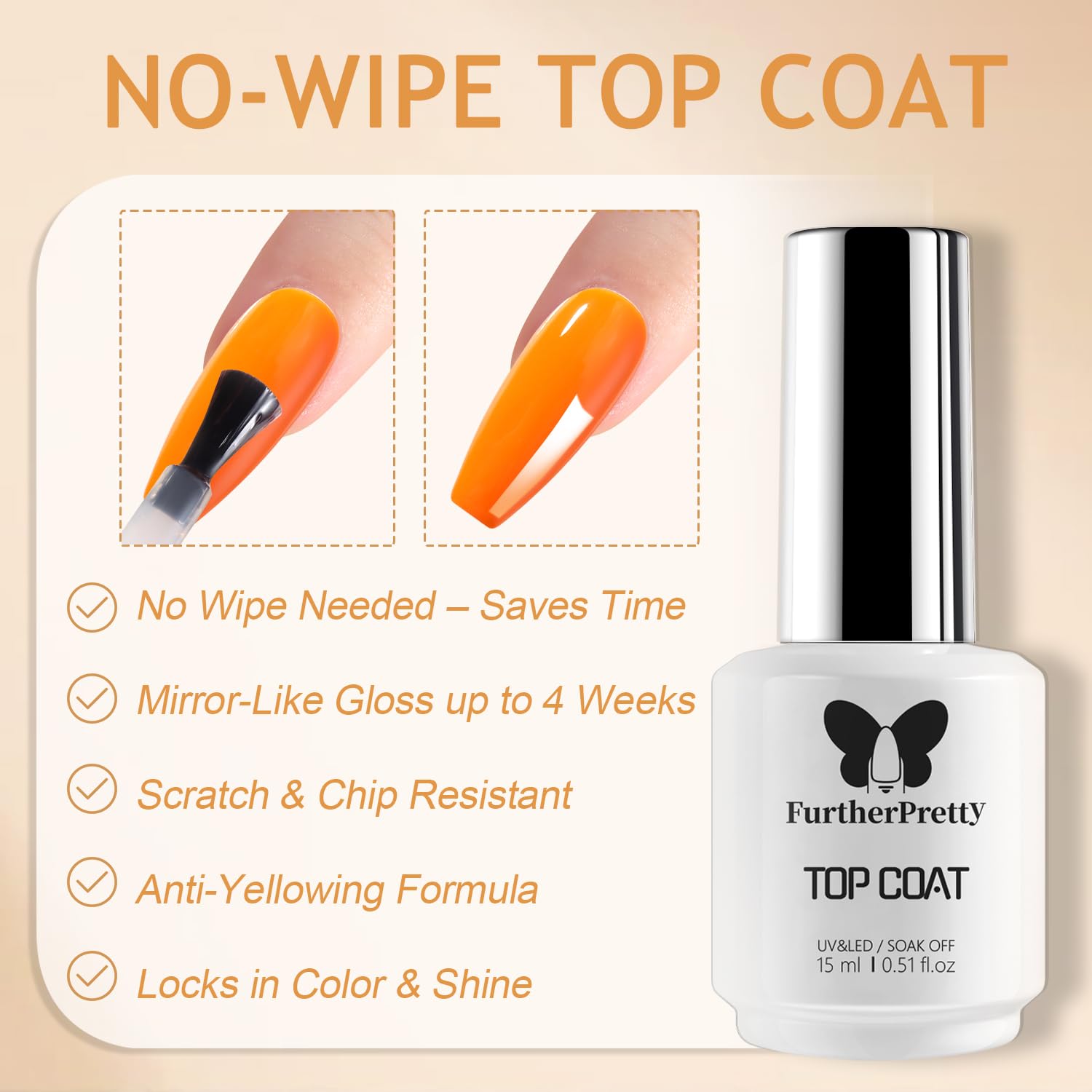 Glossy high shine finish on manicured nails using no wipe top coat gel