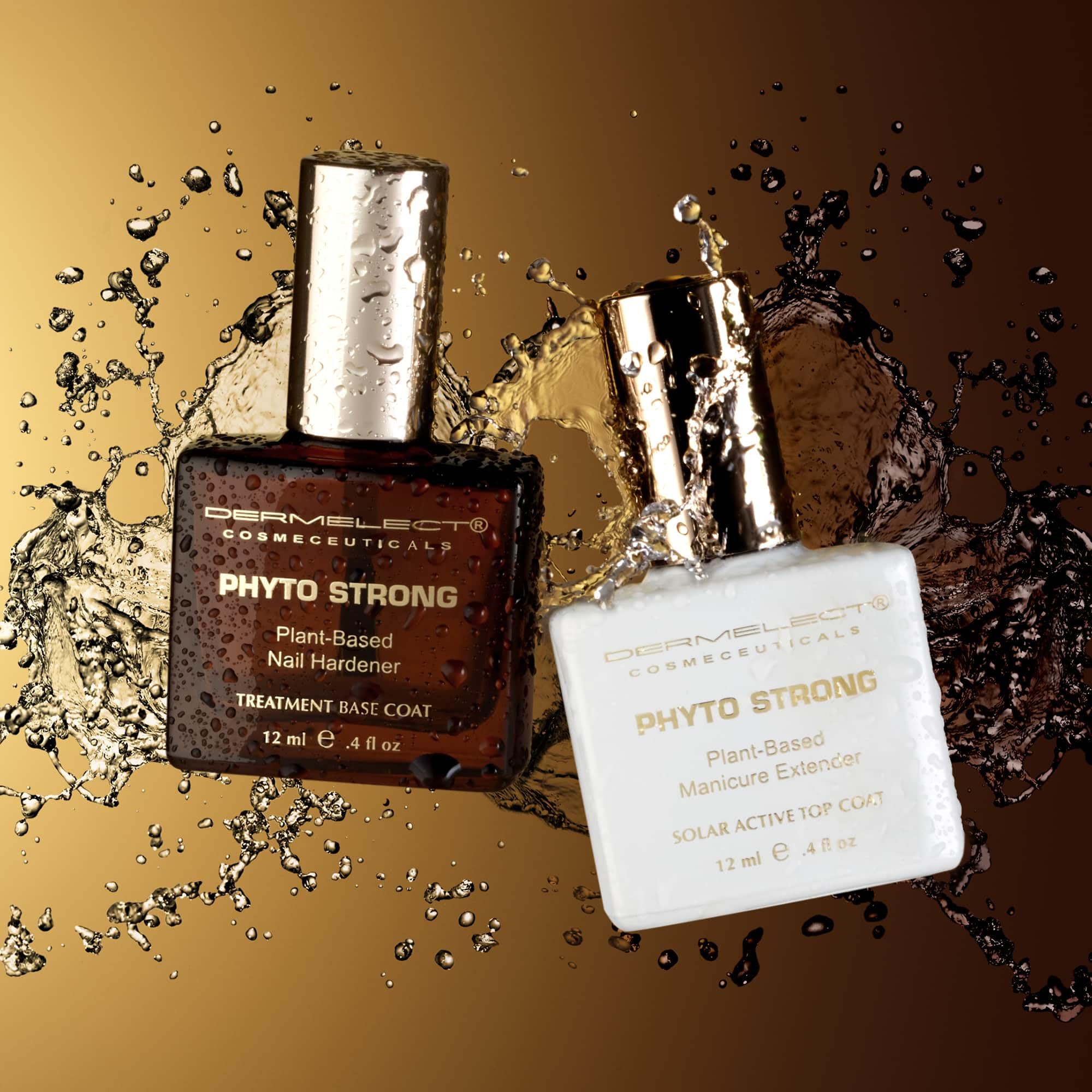 Close up of Dermelect Phyto Strong nail treatment bottles