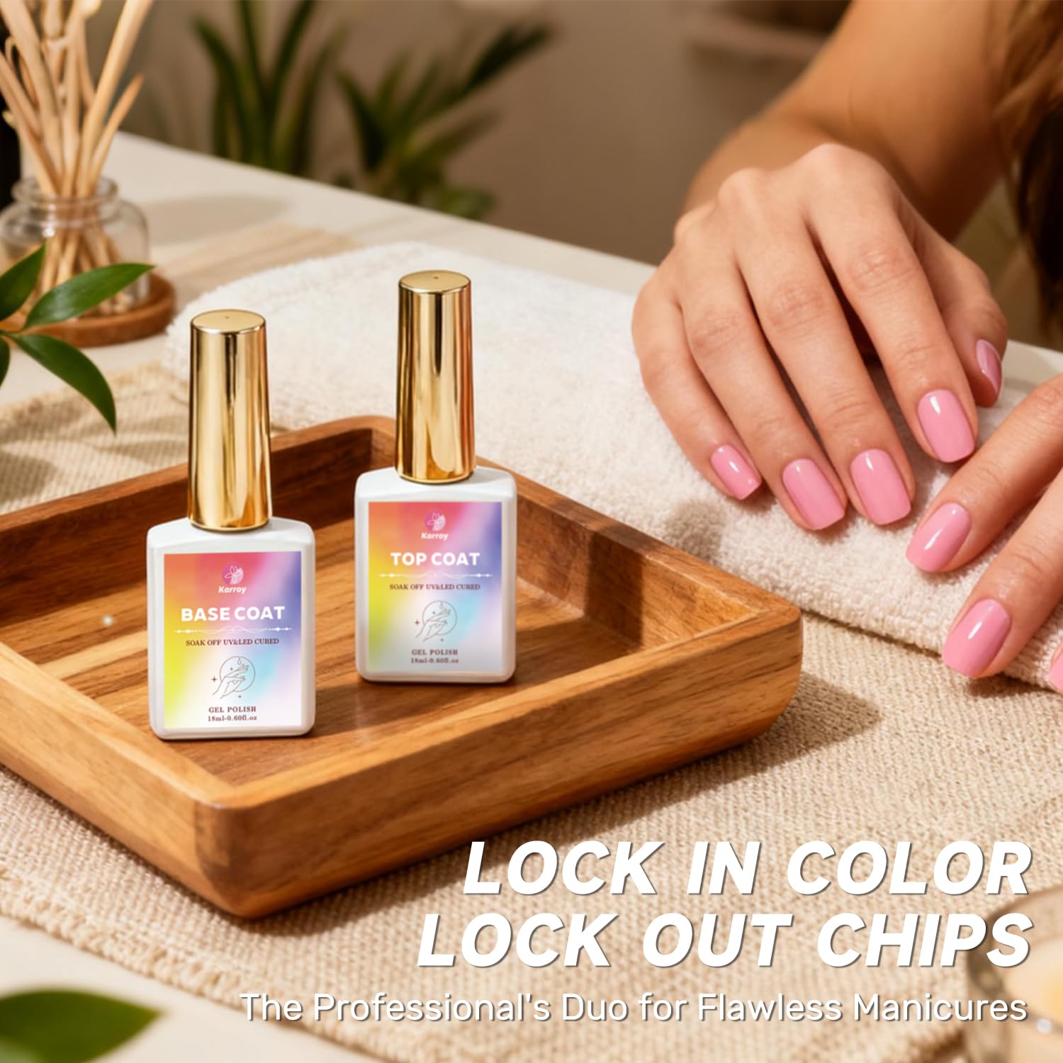 A glossy gel manicure showing the scratch resistant and chip proof properties of this professional clear nail formula.