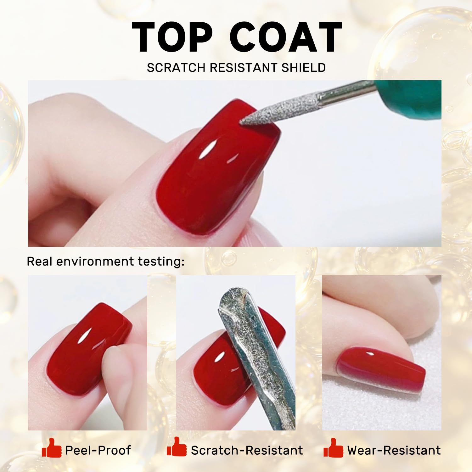 The self-leveling clear liquid gel texture being applied smoothly with the built-in brush applicator.