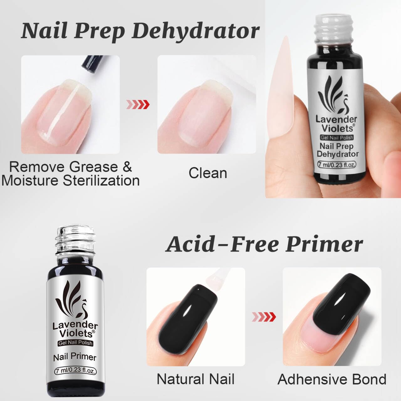 Lavender Violets professional salon quality nail prep dehydrator and bond primer bottles displayed side by side.