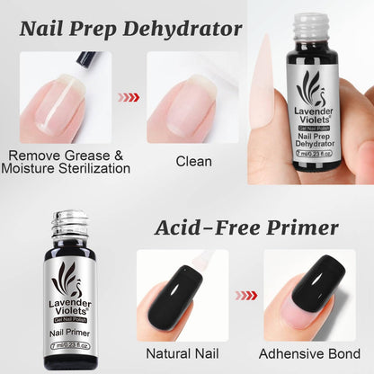 Lavender Violets professional salon quality nail prep dehydrator and bond primer bottles displayed side by side.