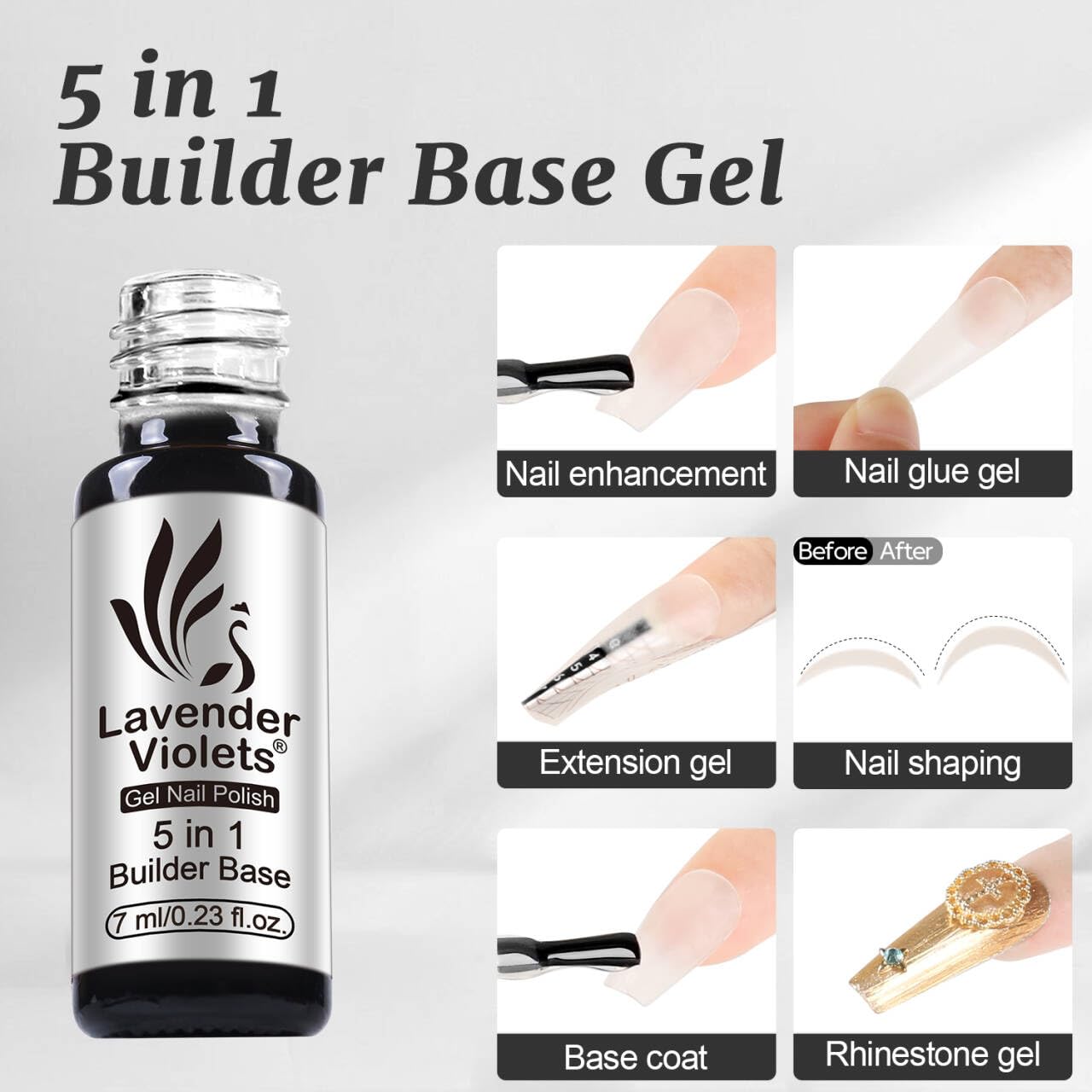 Lavender Violets 5 in 1 builder base and pink rubber base coat bottles showing the thick gel formulas.