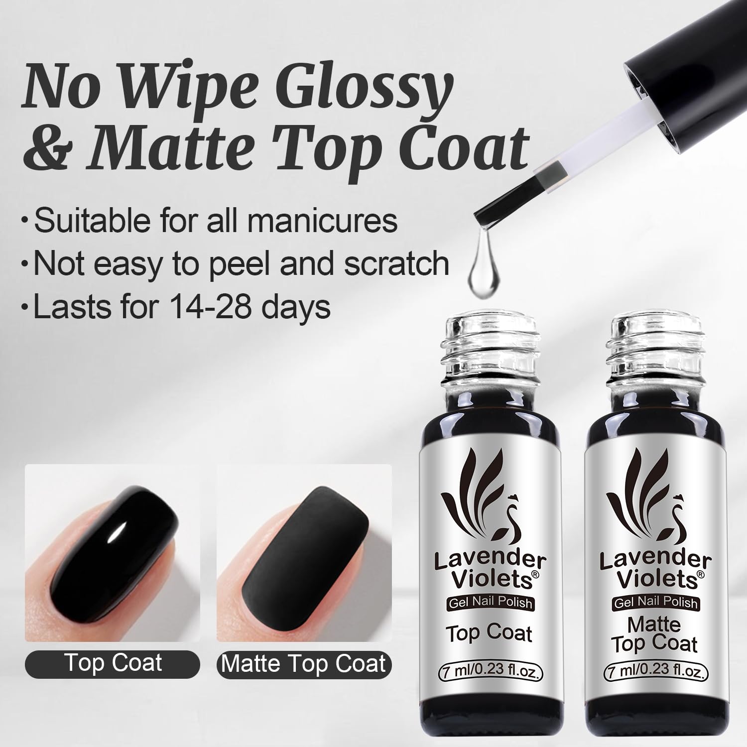 Close up look at the 7 milliliter bottles included in the Lavender Violets C200 long lasting essential nail kit.