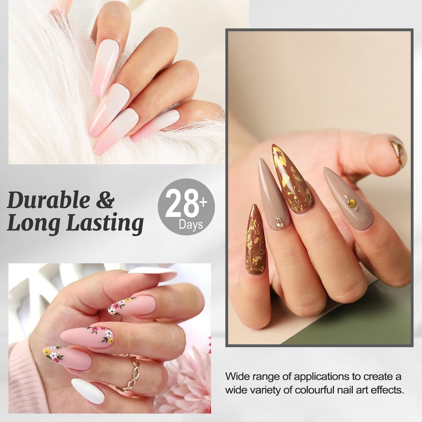 Lavender Violets 6 piece gel nail kit demonstrating the application steps for a chip resistant home DIY manicure.