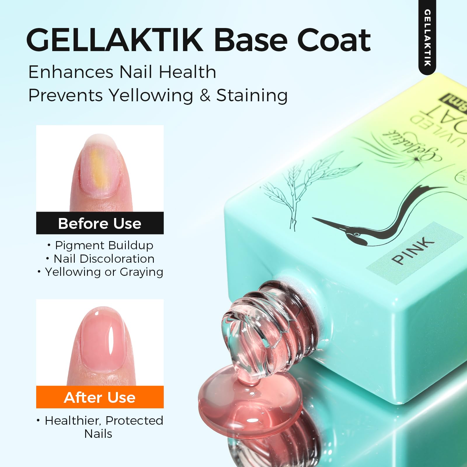 Gellaktik soak off UV LED gel base coat bottle being used for a professional nail art base application.