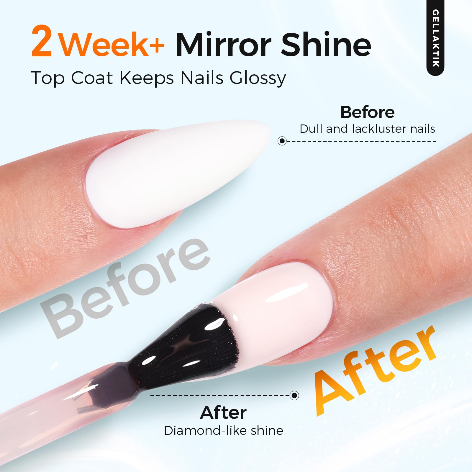 Kalatika no wipe glossy top coat bottle illustrating the high shine finish on manicured nails.
