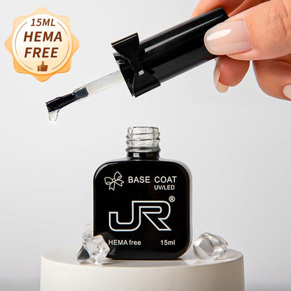 HEMA free base coat bottle displaying the brush applicator and transparent gel formula.