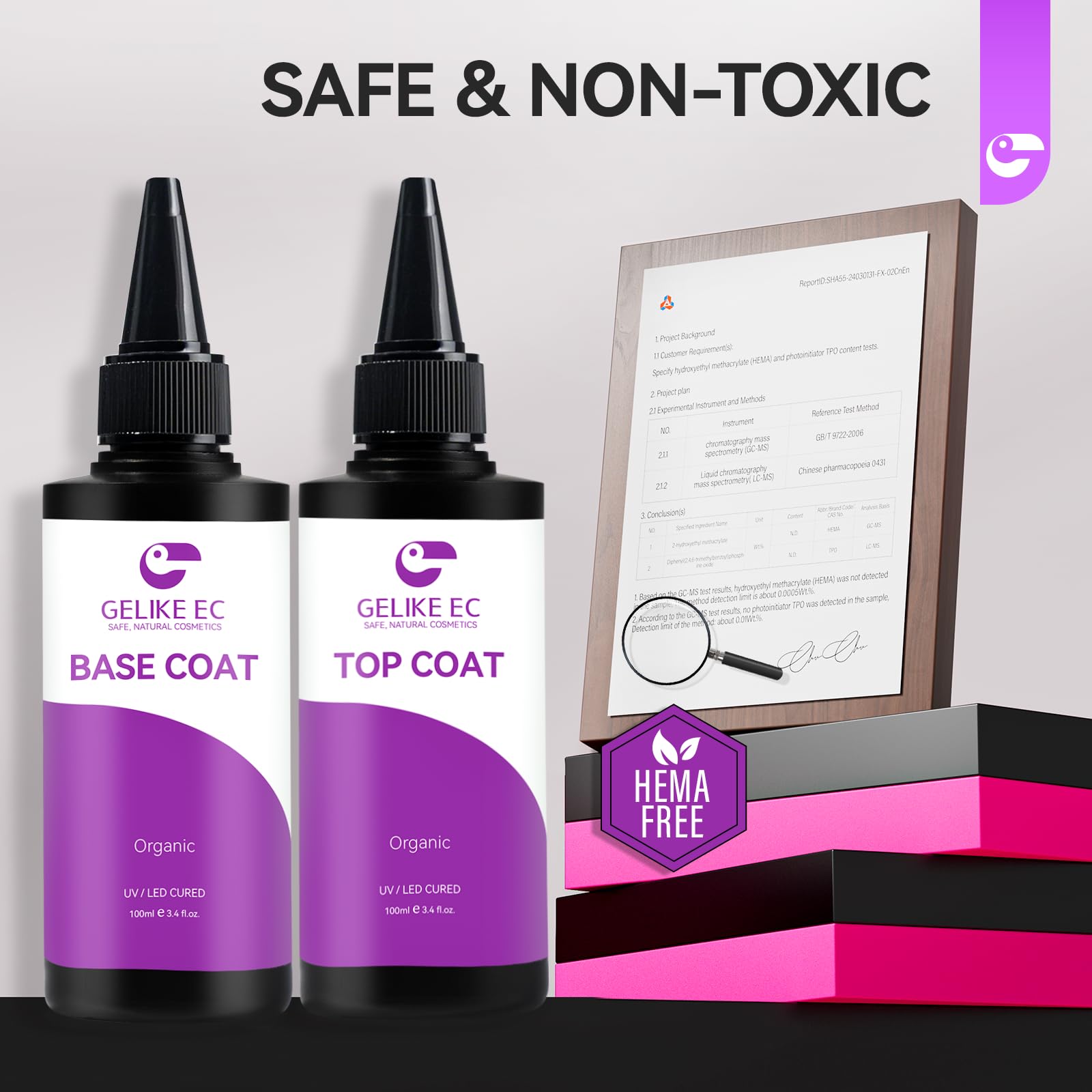 Gelike Ec salon grade base and top coat system showing formulation transparency labels