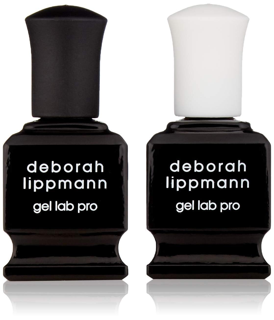 Close up of Deborah Lippmann Gel Lab Pro base and top coat bottles