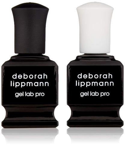 Close up of Deborah Lippmann Gel Lab Pro base and top coat bottles