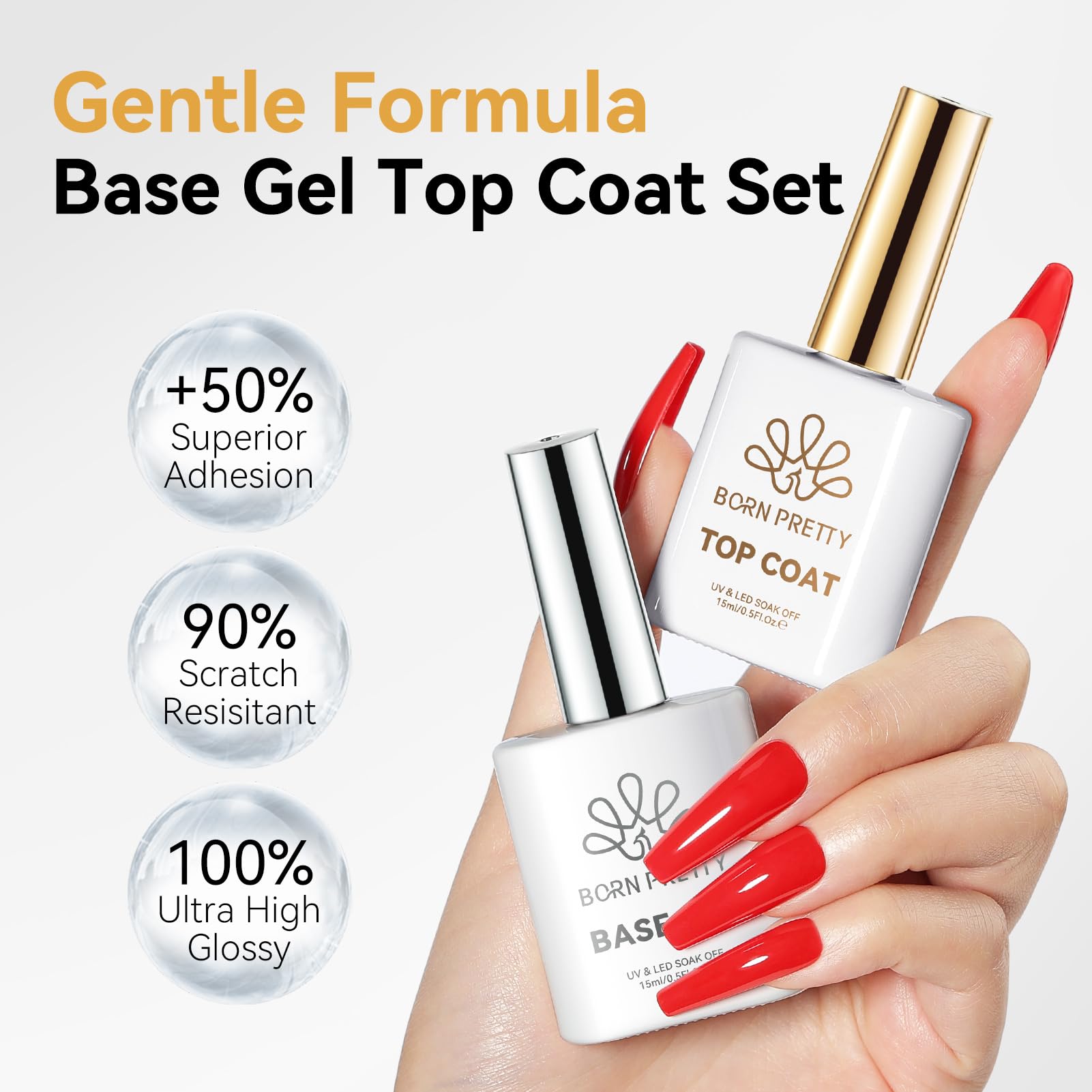 Born Pretty allergen-free gel nail polish bottles highlighting the HEMA-free and TPO-free safety labels.