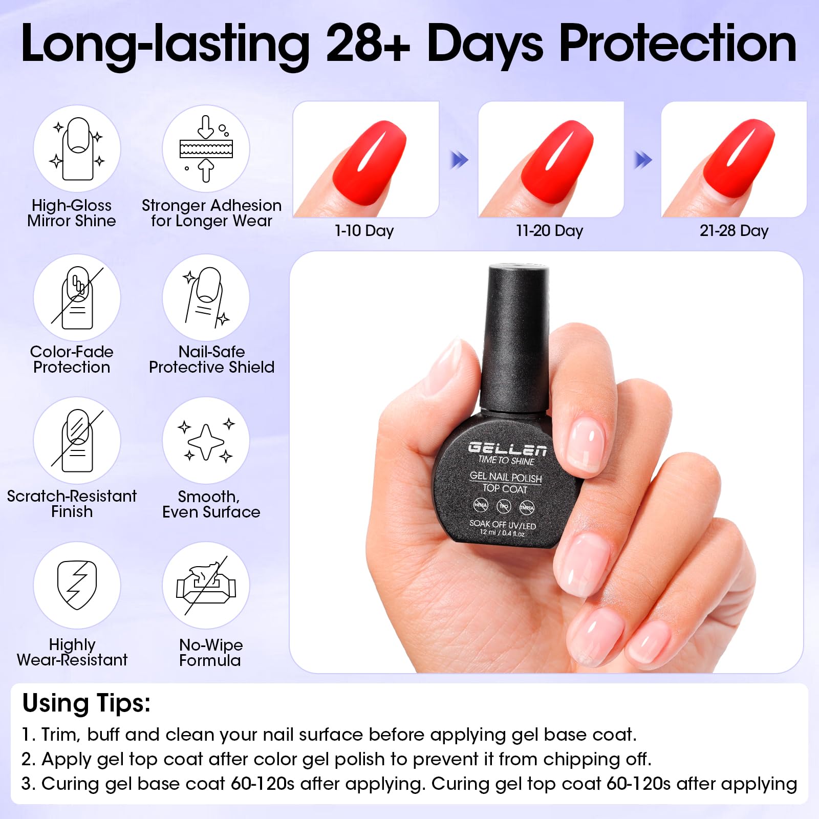 High gloss no wipe gel top coat product shot on a plain background