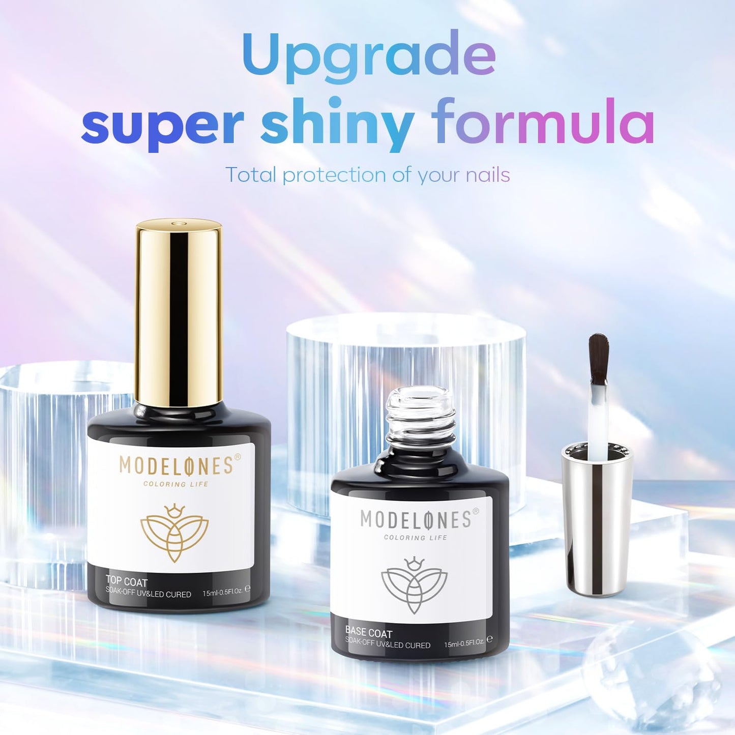 Modelones fifteen milliliter clear gel base coat bottle with brush application