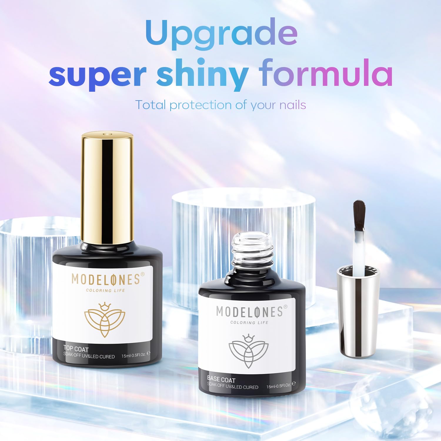 Modelones fifteen milliliter clear gel base coat bottle with brush application