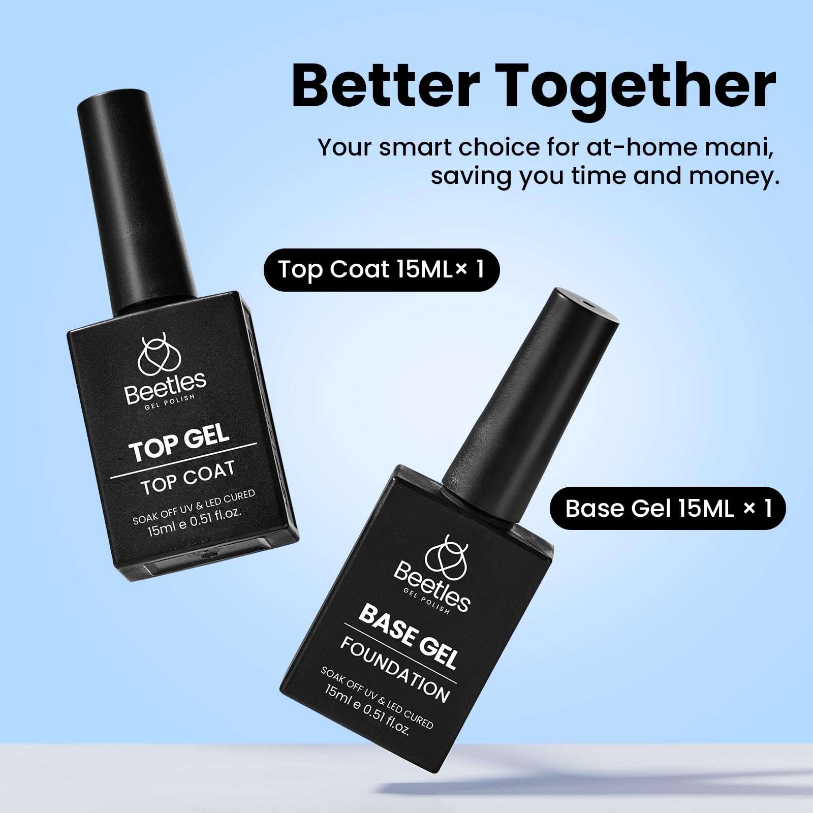 Beetles gel base and top coat bottles side by side on a clean background