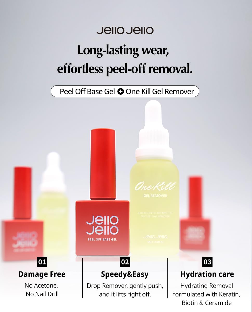 Jello Jello One Kill Gel Remover thirty milliliter bottle with dropper top packaging