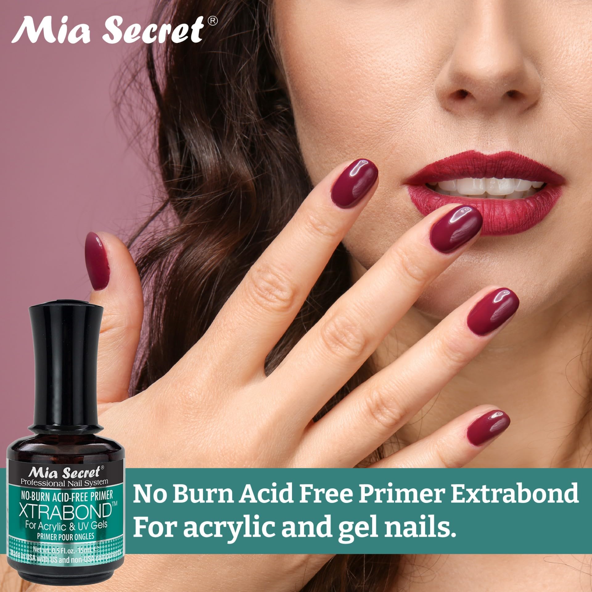 Mia Secret professional acid-free non-burning primer bottle sitting on a clean salon table setup