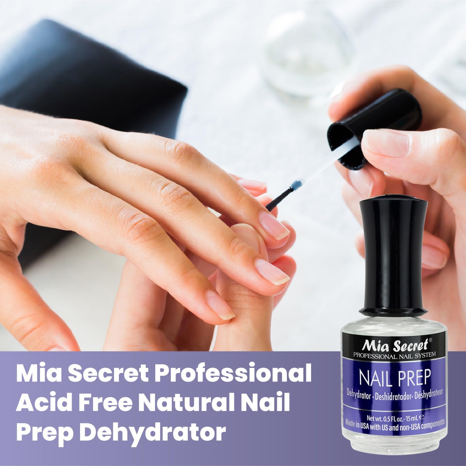 Mia Secret Xtrabond Acid Free Primer bottle highlighting no-burn adhesive formula