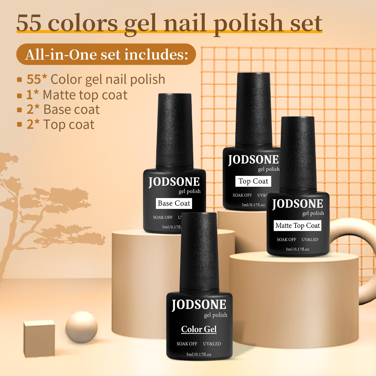 Vibrant color palette selection chart of JODSONE gel polish shades featuring glitter and matte finishes.
