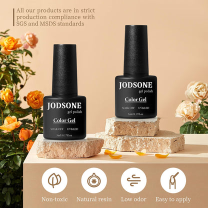 Nail art designs achieved using different shades from the JODSONE multi-season gel polish collection.