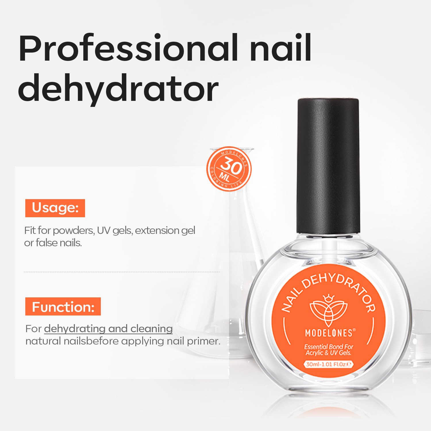 Modelones acid free nail dehydrator being applied to a natural nail with the built in brush.