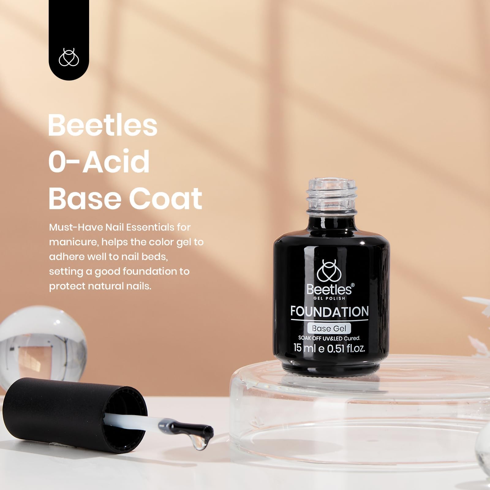 Clear gel base coat liquid being applied carefully to a clean natural nail plate.