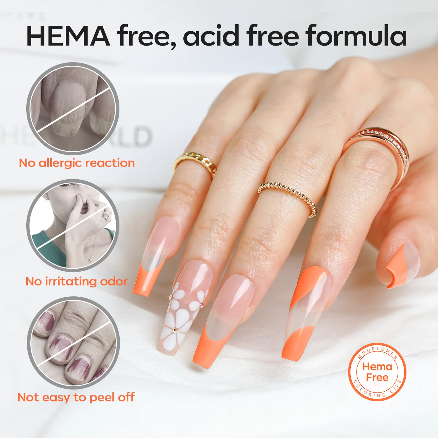 Manicure setup featuring Modelones nail dehydrator alongside gel polish and press-on accessories.