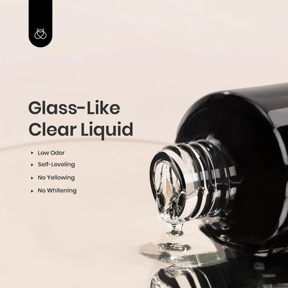Premium clear resin formula showcasing the smooth consistency of the salon quality base gel.
