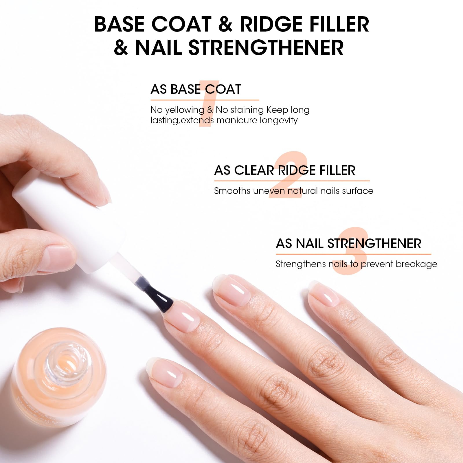 Close up of the brush applicator applying the sheer nude tint ridge filler to a natural finger nail.