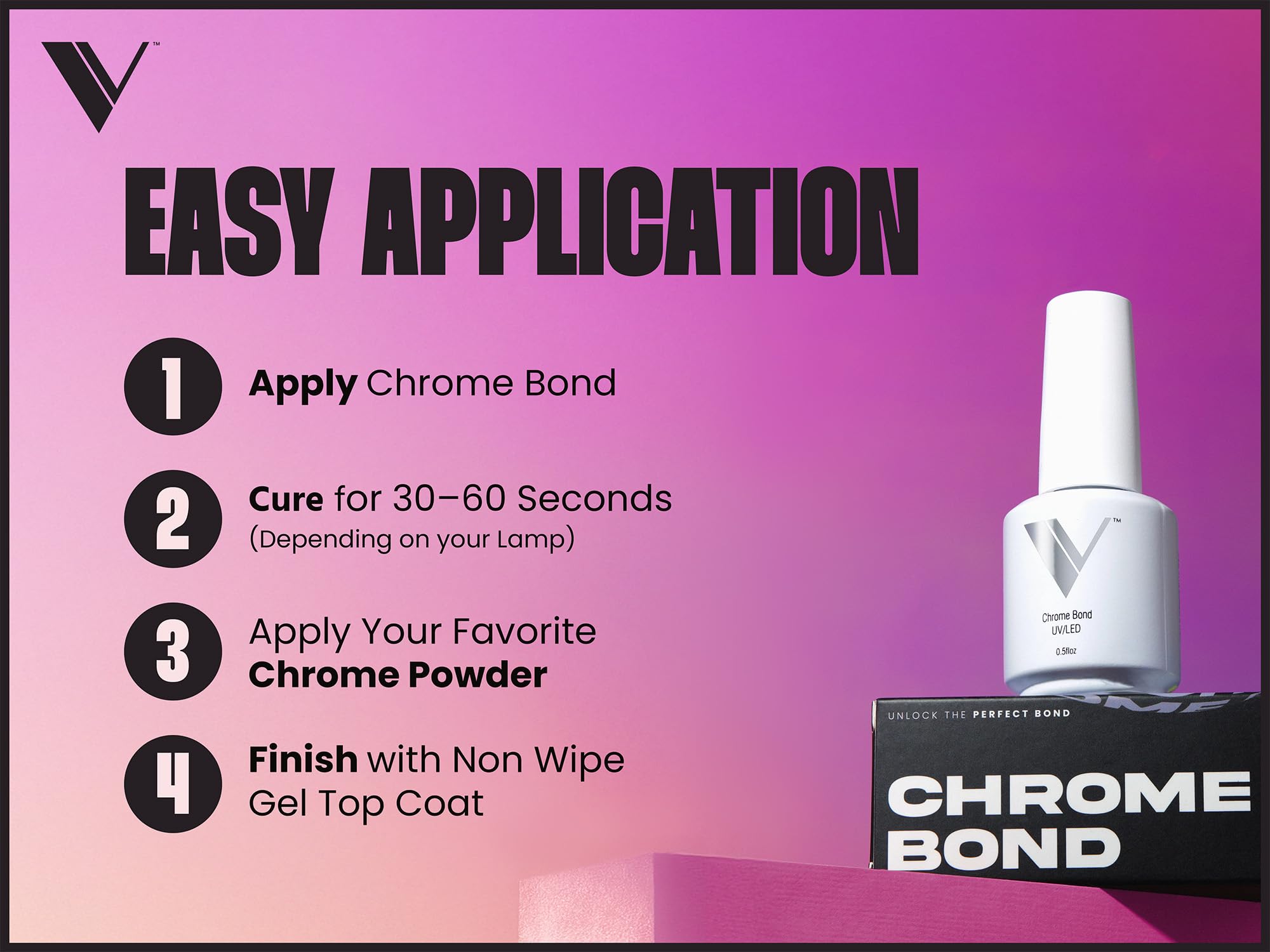 V Beauty Pure professional chrome adhesion gel lacquer bottle tailored for precise metallic powder placement.