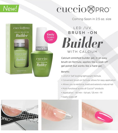 Close up of the brush applicator on the Cuccio calcium enriched builder gel bottle