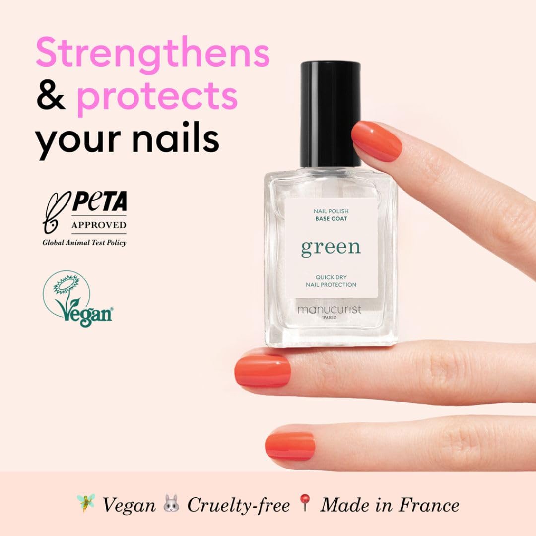 Vegan plant based nail undercoat by Manucurist showing the application brush and packaging.