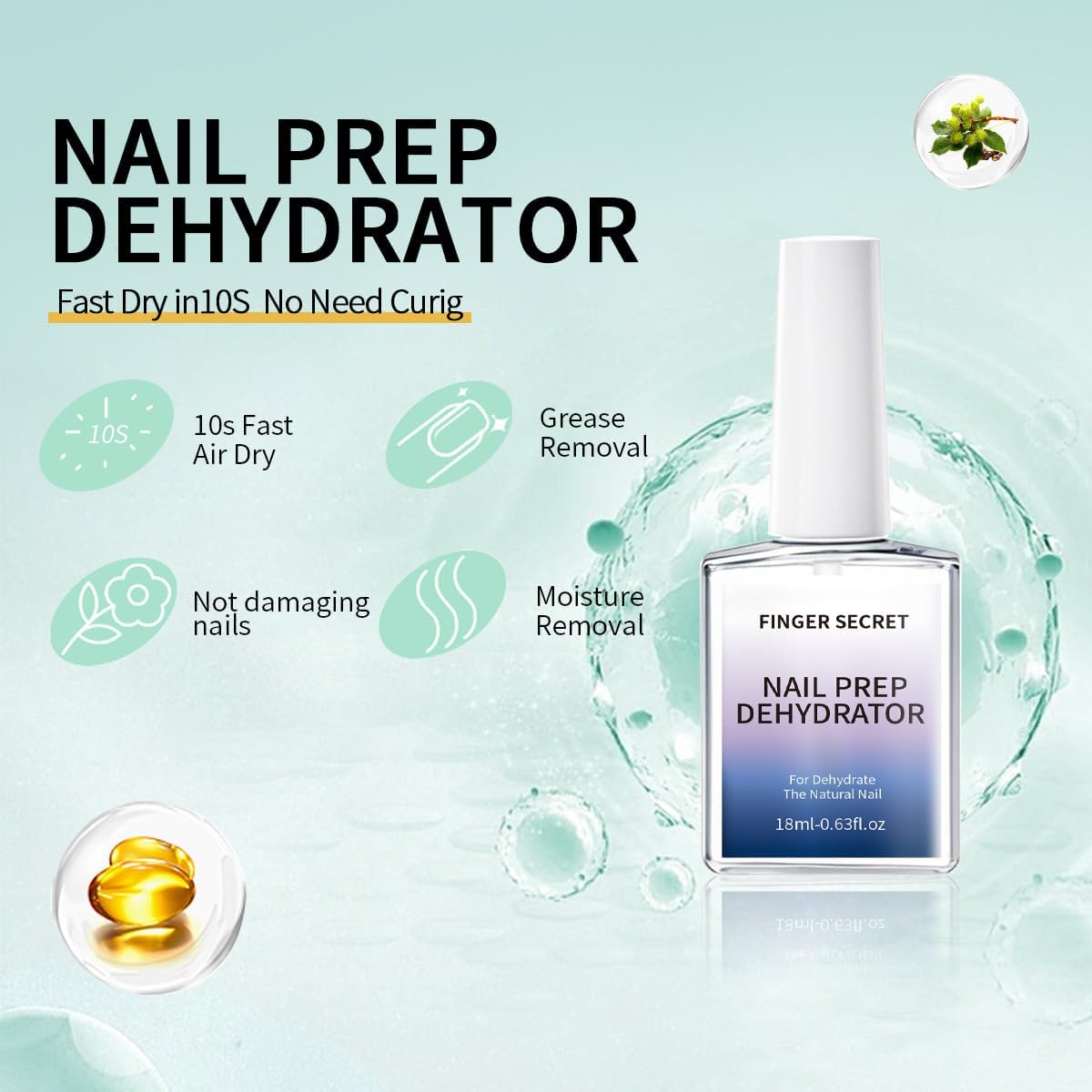 Clear liquid nail dehydrator showcasing its lightweight quick evaporating consistency