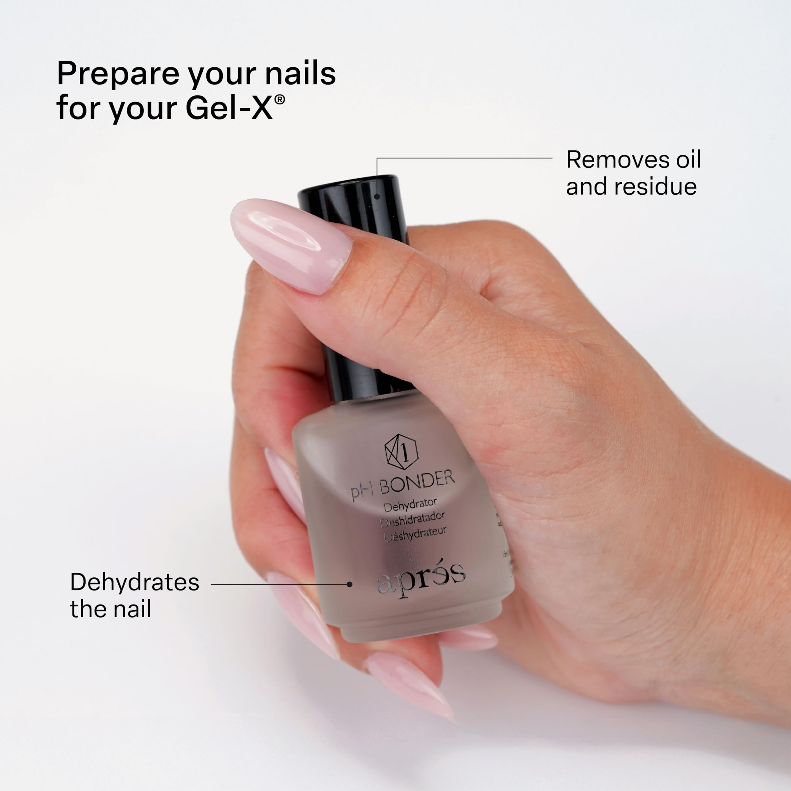Side view of Aprés pH Bonder bottle highlighting product sizing and instructions