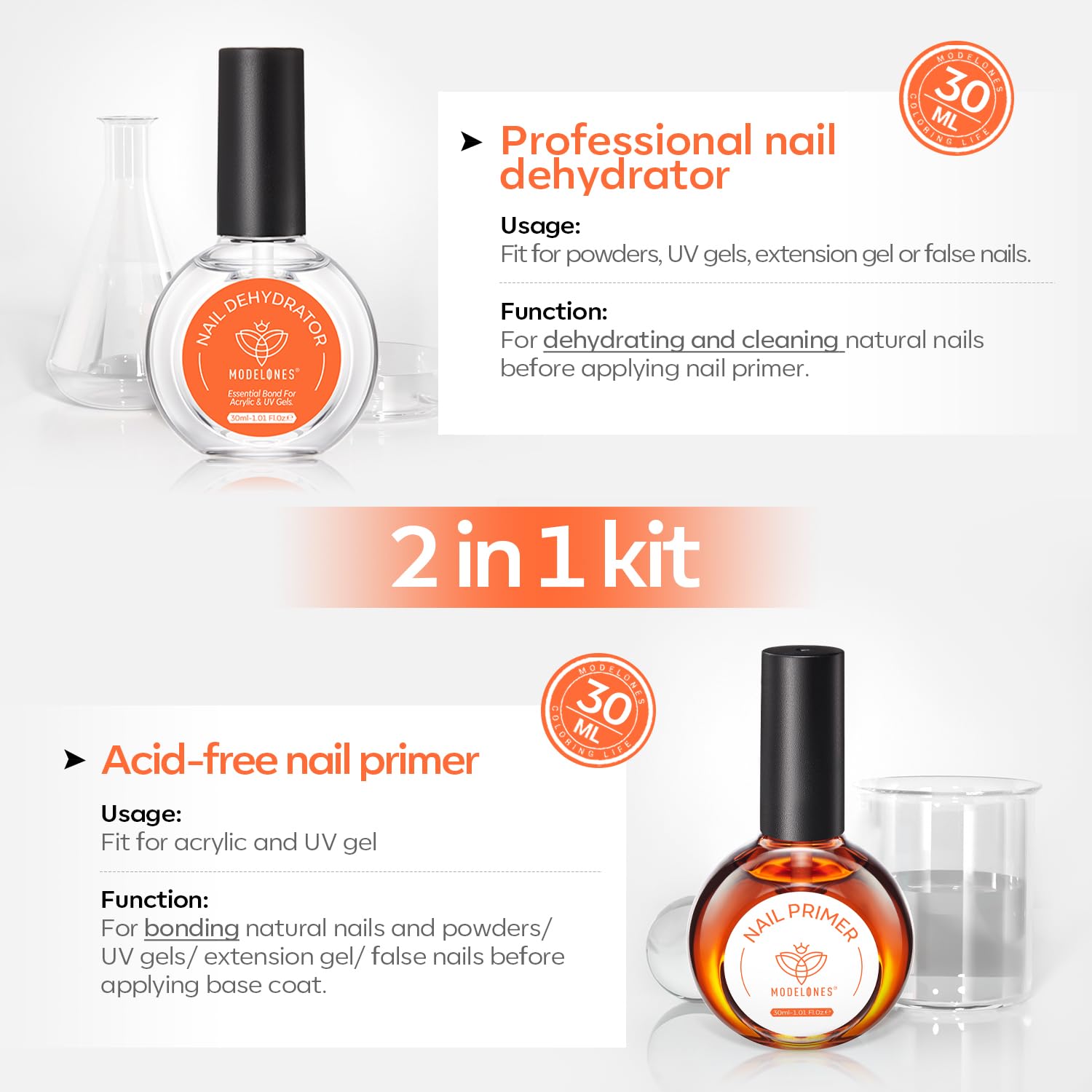 Modelones salon size nail dehydrator bottle label detailing chemical free ingredients