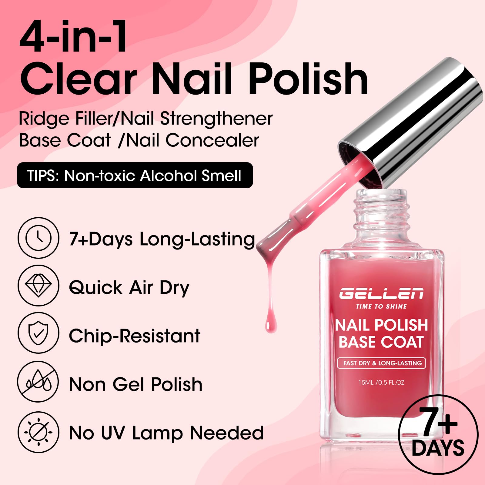 Gellen nail strengthener and ridge filler bottle showing the sheer red liquid texture
