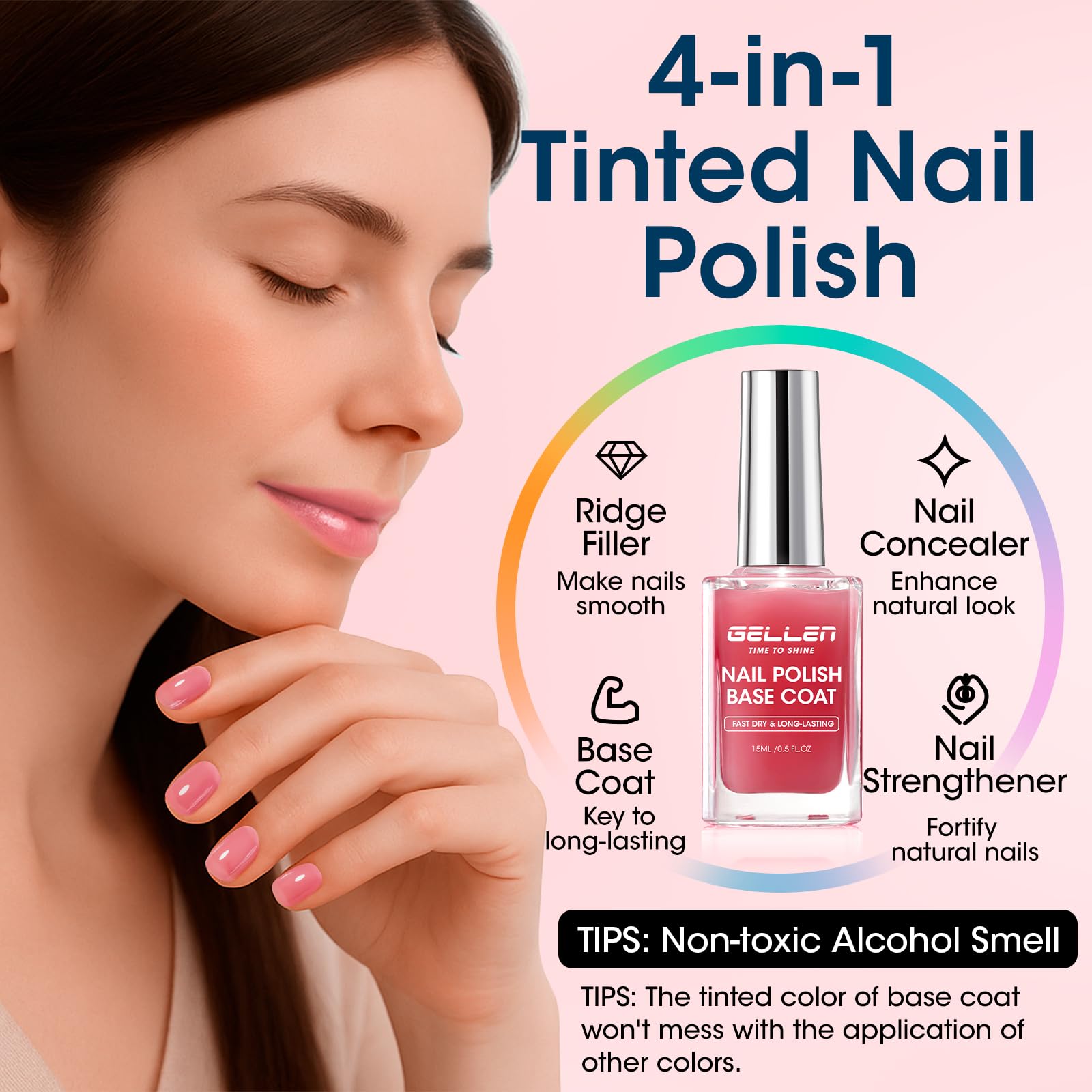 Application of Gellen 4 in 1 nail concealer on natural nails to showcase the self leveling gloss finish