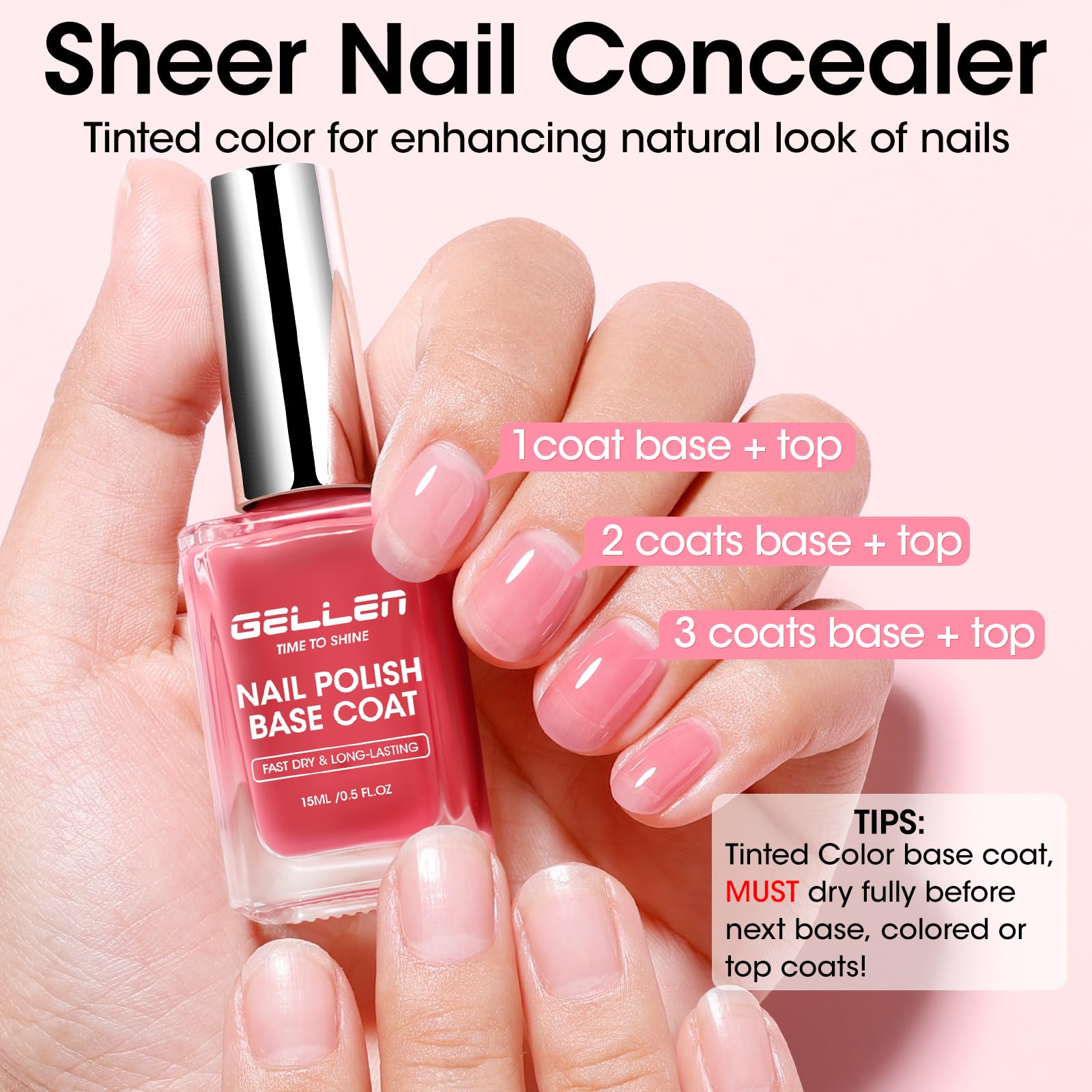 Gellen HEMA free non toxic clear nail polish base coat packaging and product label details